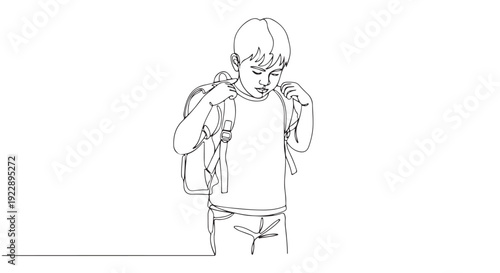 A single line drawing of a young boy adjusting his backpack, ready for school or adventure