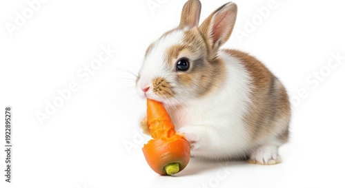 Cute brown and white baby bunny rabbit eating a fresh orange carrot isolated on White Background