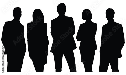 Group of business professionals standing confidently together in professional attire silhouetted against a white background showcasing teamwork and collaboration