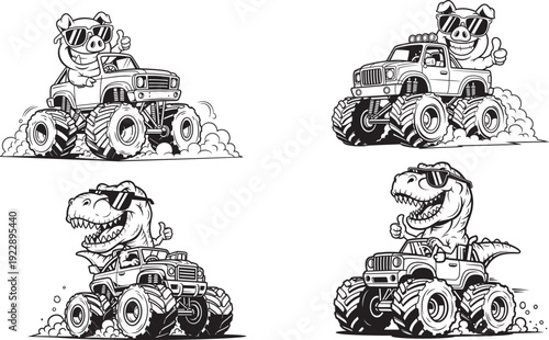 Pig and dinosaur in Monster Truck vector ,Fun Cartoon Animal and Dinosaur Characters Drive Mighty Monster Trucks with Sunglasses and Thumbs Up