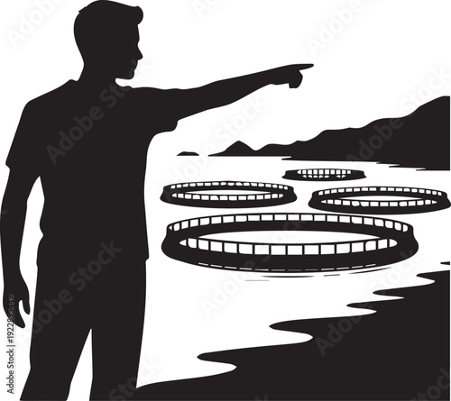 Man pointing at circular fish farm cages in sea coastal silhouette