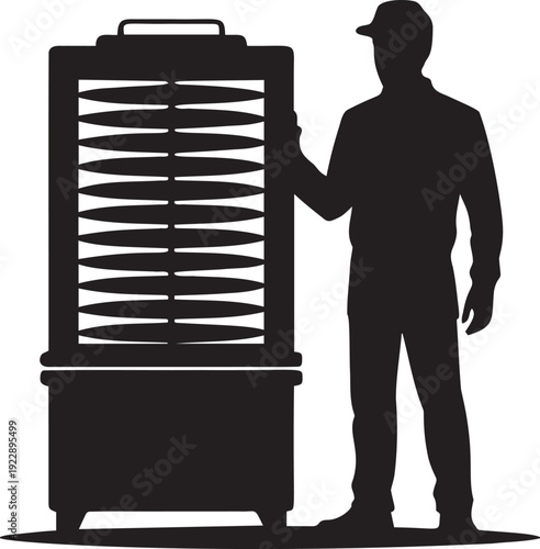 Worker silhouette standing by industrial rack with many drying trays