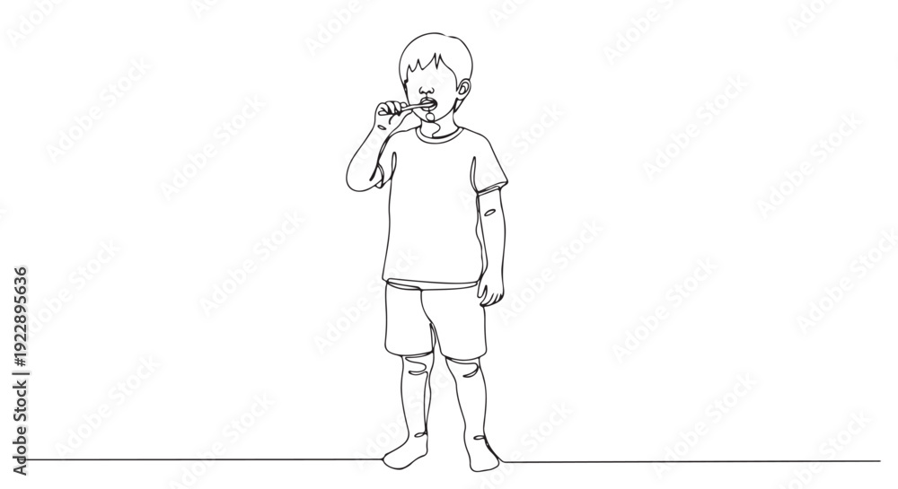 Fototapeta premium Continuous line drawing of a cute young boy diligently brushing his teeth, promoting good oral hygiene and healthy habits for children