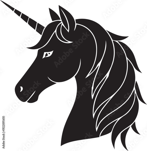 Unicorn head silhouette icon ,Elegant mythical unicorn creature with a magical horn, depicted in a stylish black silhouette illustration, symbolizing fantasy and enchantment