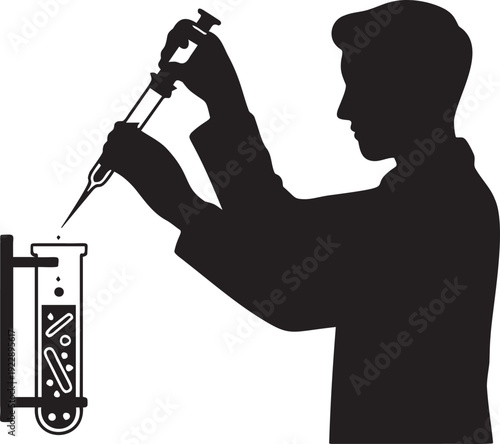 Scientist profile silhouette using pipette to fill medical test tube
