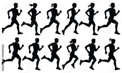 Collection of silhouettes of men and women running in various dynamic poses showcasing fitness and athleticism on a white background perfect for health and wellness designs.