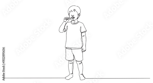 Continuous line drawing of a cute young boy diligently brushing his teeth, promoting good oral hygiene and healthy habits for children