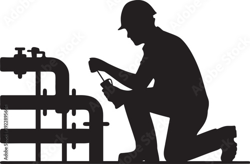 Plumber silhouette repairing industrial pipe system with hand tools