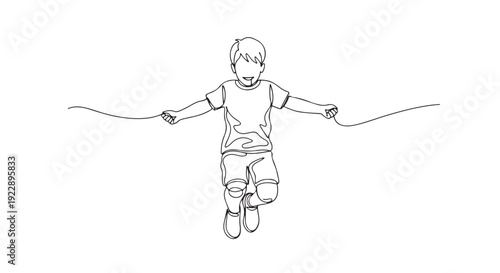 Dynamic single line art illustration of a cheerful child engaging in active play, captured mid-jump with a skipping rope, symbolizing childhood energy and fitness