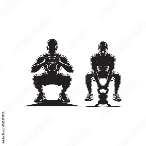 Silhouetted men performing kettlebell squats in a dynamic fitness