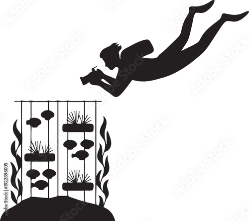 Diver photographer taking underwater photos of reef with scuba camera