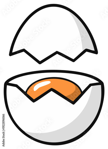 Cracked egg with bright orange yolk ready for cooking illustration, cartoon design on white with shadow.