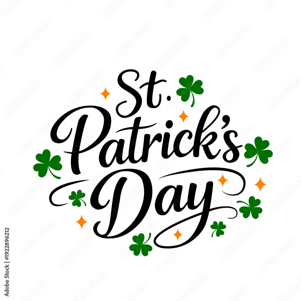 Naklejka premium A hand-lettered card with clover leaves and a St. Patrick's Day inscription. Vector image on a white background.