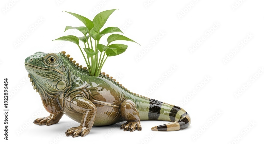 Obraz premium Realistic Ceramic Iguana Figurine Planter with Green Plant Growing from Back isolated on White Background