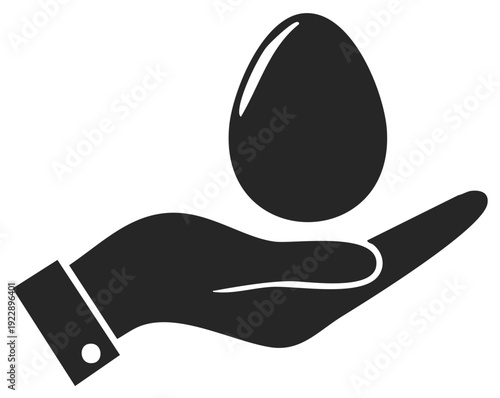 Silhouette of a hand holding a single egg, a symbol of care and nurture.