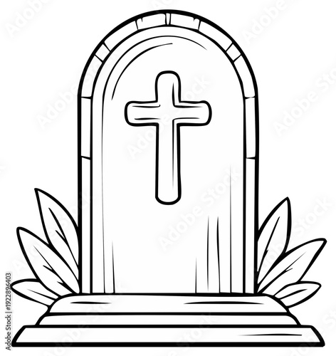 Simple line art tombstone with Christian cross and leaves for coloring and design