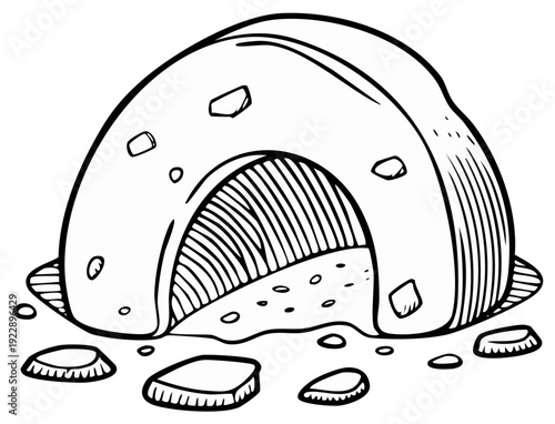 Outline Illustration of an Igloo or Snow Cave. Hand-drawn Winter Shelter Line Art Sketch.