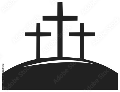 Three simple crosses on a hill symbolizing faith and sacrifice