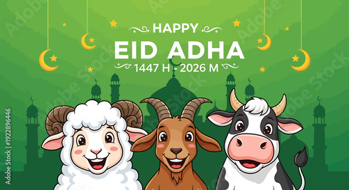 Cartoon Sheep Goat Cow Eid Adha.