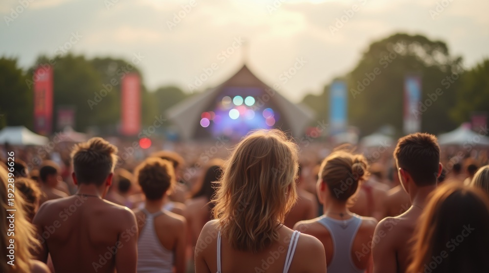 Fototapeta premium People at summer music festival outdoors, blurred background 