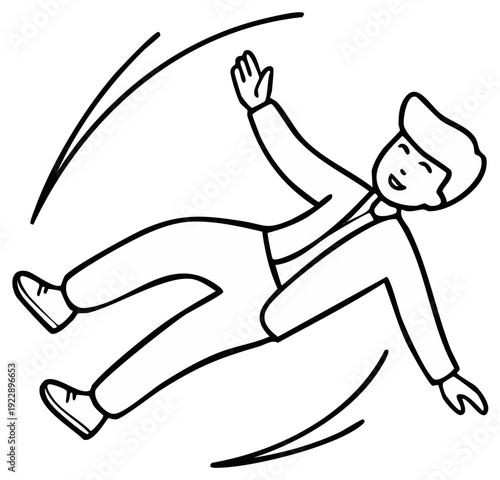 Simple line art cartoon of a smiling man falling freely through space