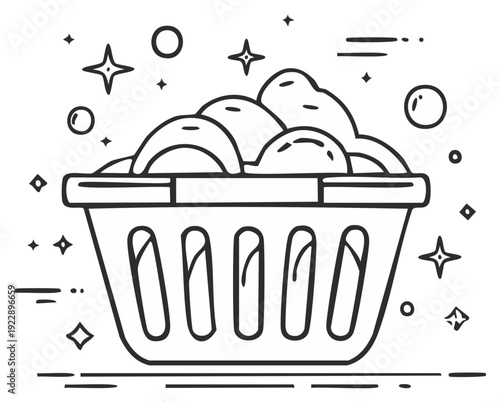 Clean Laundry Basket Overflowing with Bubbles and Sparkles Line Art Illustration
