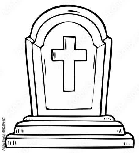 Outlined Tombstone with Cross for Coloring Book or Religious Graphic