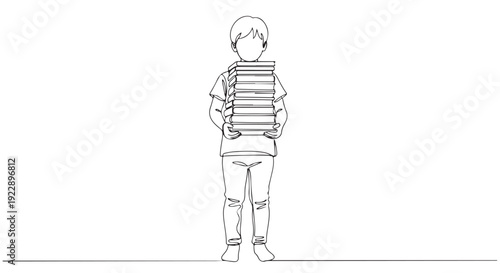 A minimalist line drawing of a child holding a stack of books, representing education and learning