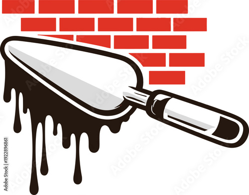 Brick wall with a putty knife and dripping black paint illustration