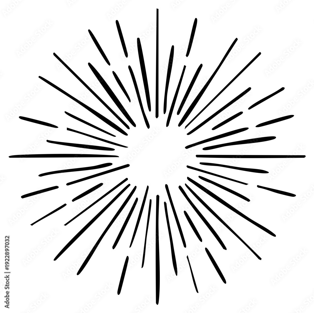 Obraz premium Hand-drawn sunburst design element, radial rays graphic.