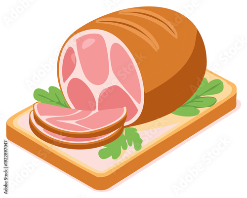 Appetizing Cooked Ham on Wooden Board with Greens