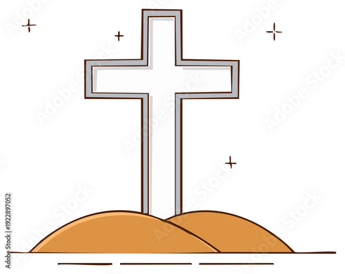 Cartoon Cross on Hill with Stars Symbolizing Faith and Religious Belief