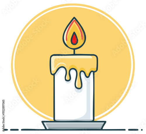 Burning Candle Cartoon Style with Dripping Wax, Cozy Warm Light in Round Frame