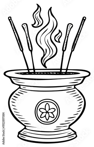 Black and white doodle art of a traditional incense burner with fragrant sticks and rising smoke