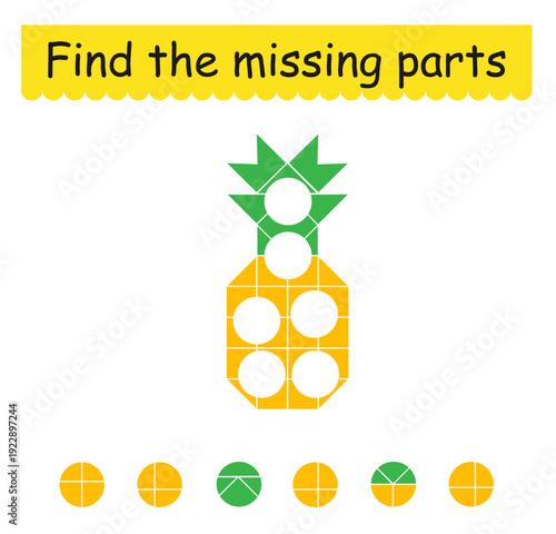Cute cartoon pineapple. Find the missing pieces.