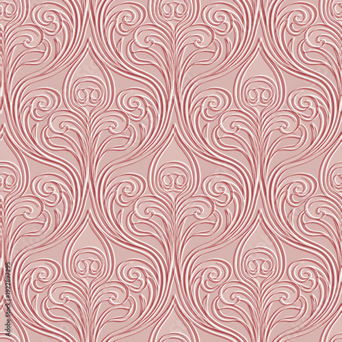 Elegant 3D embossed floral seamless pattern. Dusty rose damask background with volumetric relief swirling line art ornaments for luxury wallpaper, textile, wedding invitations. Endless emboss texture.