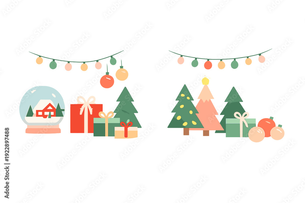 Fototapeta premium This flat vector illustration shows two festive Christmas scenes with snow globes, wrapped gift boxes, decorated trees, and hanging string lights against a solid black background.