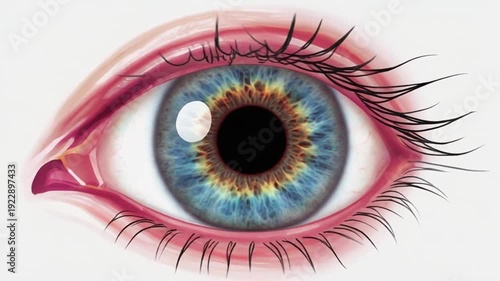 A close-up of a human eye with a blue iris and yellow-brown ring, on a white background, possibly used for medical or artistic purposes