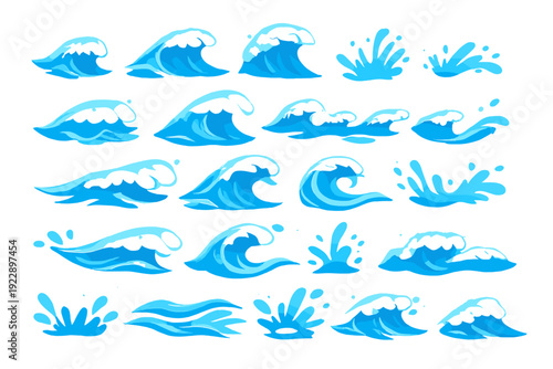 A collection of stylized blue water wave and splash illustrations in a cartoon vector style, featuring various shapes of breaking waves and liquid droplets on a black background.
