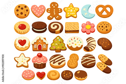 This illustration features a diverse assortment of decorative cookies and biscuits, such as gingerbread men, stars, and hearts, neatly arranged against a solid black background.