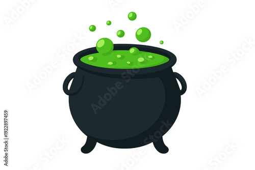 A cartoon illustration of a black witch's cauldron filled with a bubbling green potion. Several bright green bubbles are rising from the surface against a dark background.