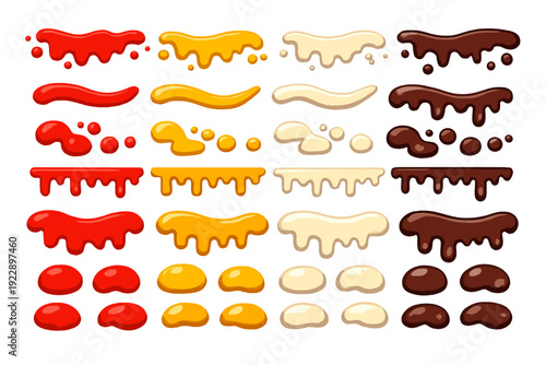 Vector illustration featuring a variety of liquid drips and splashes in red, yellow, white, and brown. The set includes flowing borders, puddles, and drops isolated on a black background.