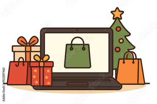 A flat illustration of a laptop showing a shopping bag icon on the screen, surrounded by colorful gift boxes, a shopping bag, and a decorated Christmas tree for holiday online shopping.