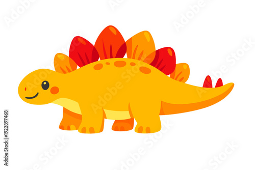 A cute yellow cartoon stegosaurus dinosaur with orange and red plates on its back. This friendly prehistoric creature is shown in a side view isolated on a black background.