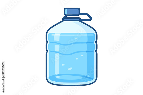 A cartoon illustration of a large blue plastic water jug filled with clear liquid. The bottle features a blue cap and a handle, set against a solid black background.