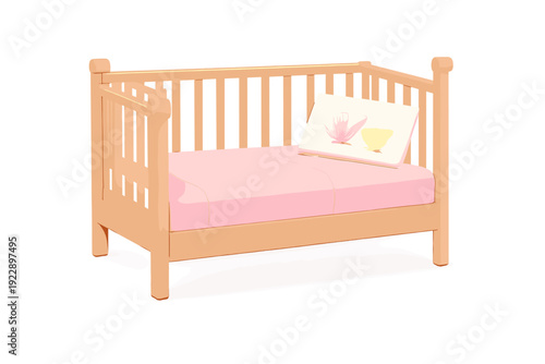 This light-colored wooden daybed for children includes a pink mattress and a white pillow with shell designs. It features a slatted frame and is isolated on a dark background.