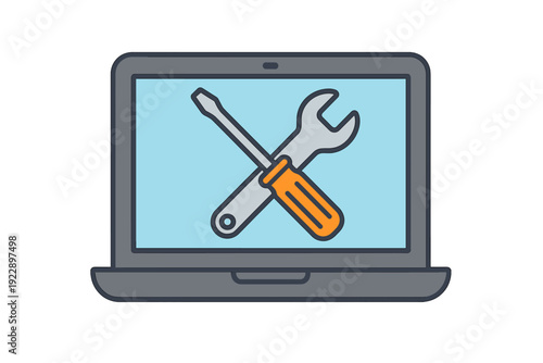 This flat vector illustration shows a grey laptop with a crossed orange screwdriver and a silver wrench on its screen, symbolizing computer repair and technical support.