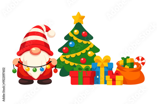 A festive illustration featuring a cute Christmas gnome holding a string of lights next to a decorated evergreen tree and several colorful gift boxes on a black background.
