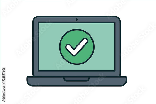 This illustration shows a dark grey laptop with a light green screen displaying a green checkmark icon inside a circle, representing a completed task or successful verification.
