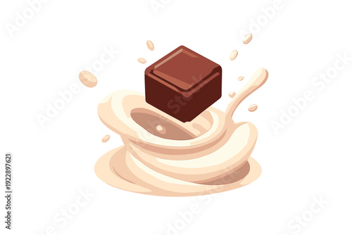 A single dark chocolate cube falls into a swirling splash of creamy white milk or liquid. The stylized illustration is set against a plain black background with droplets.